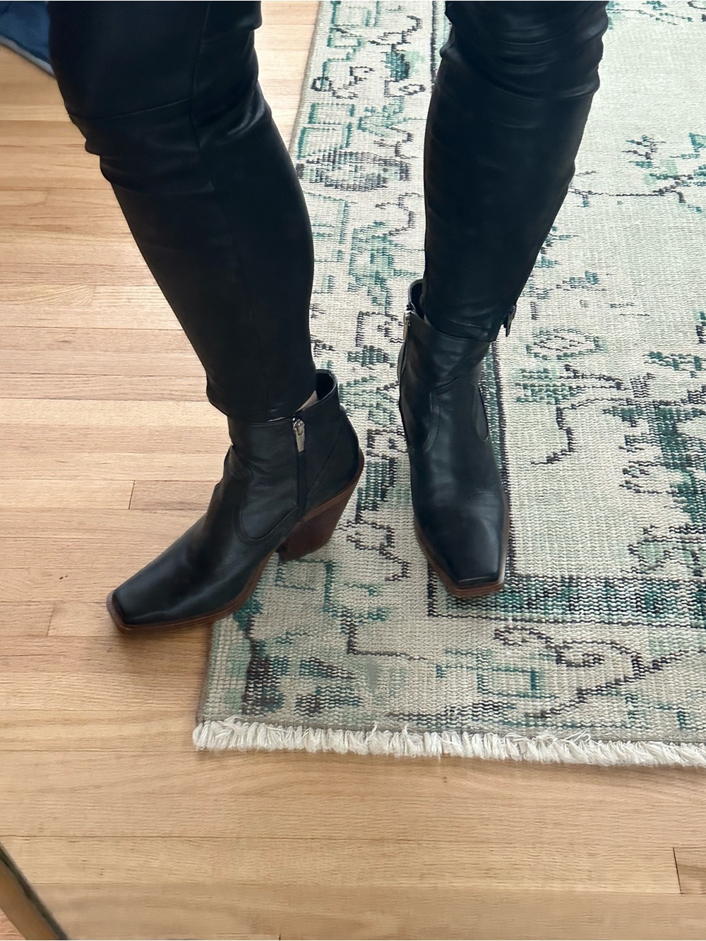 Vince Camuto Black Leather Cowboy Ankle Boots with Block Wooden Heel